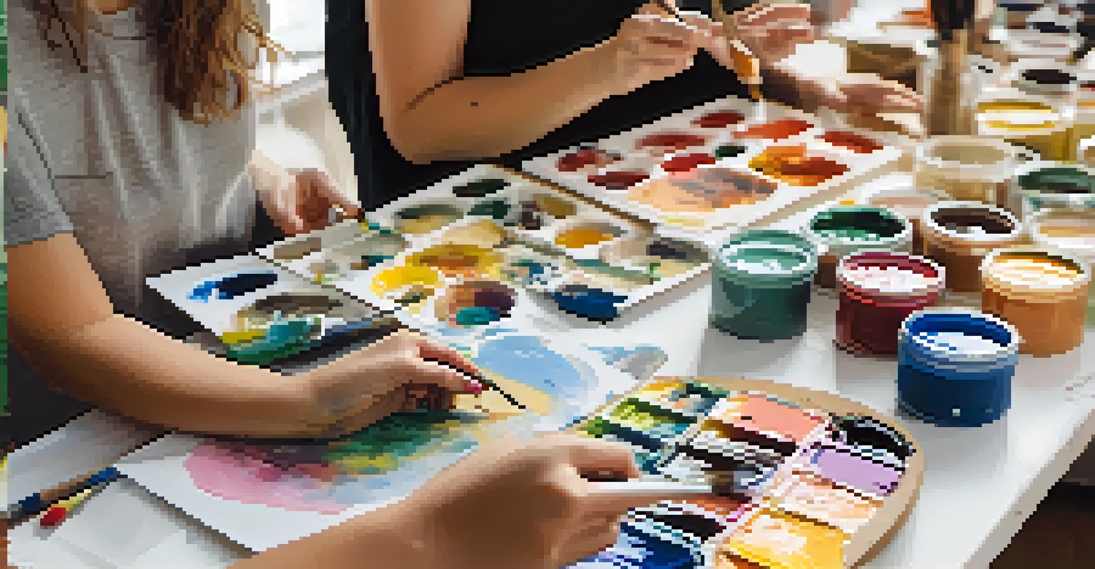 Participants at an art workshop creating mixed media pieces exploring gender themes, with colorful materials and natural light.