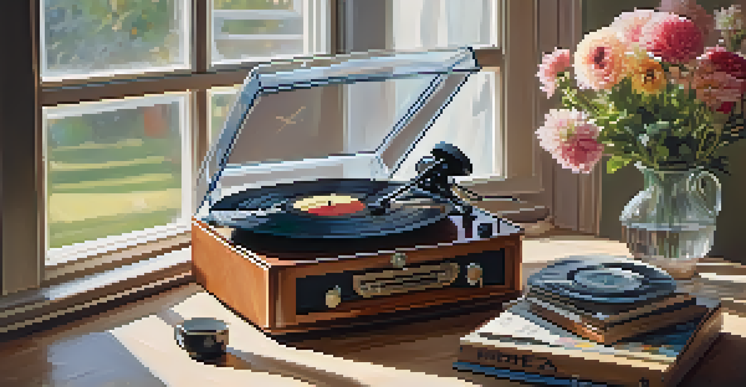 A vintage record player on a wooden table with vinyl records, a cup of tea, and flowers, illuminated by soft morning light.
