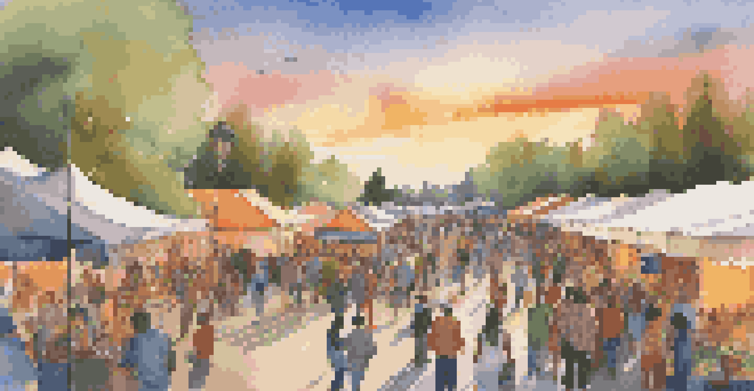 An outdoor art festival with diverse artists and colorful stalls, filled with people engaging with art and each other during a sunset.