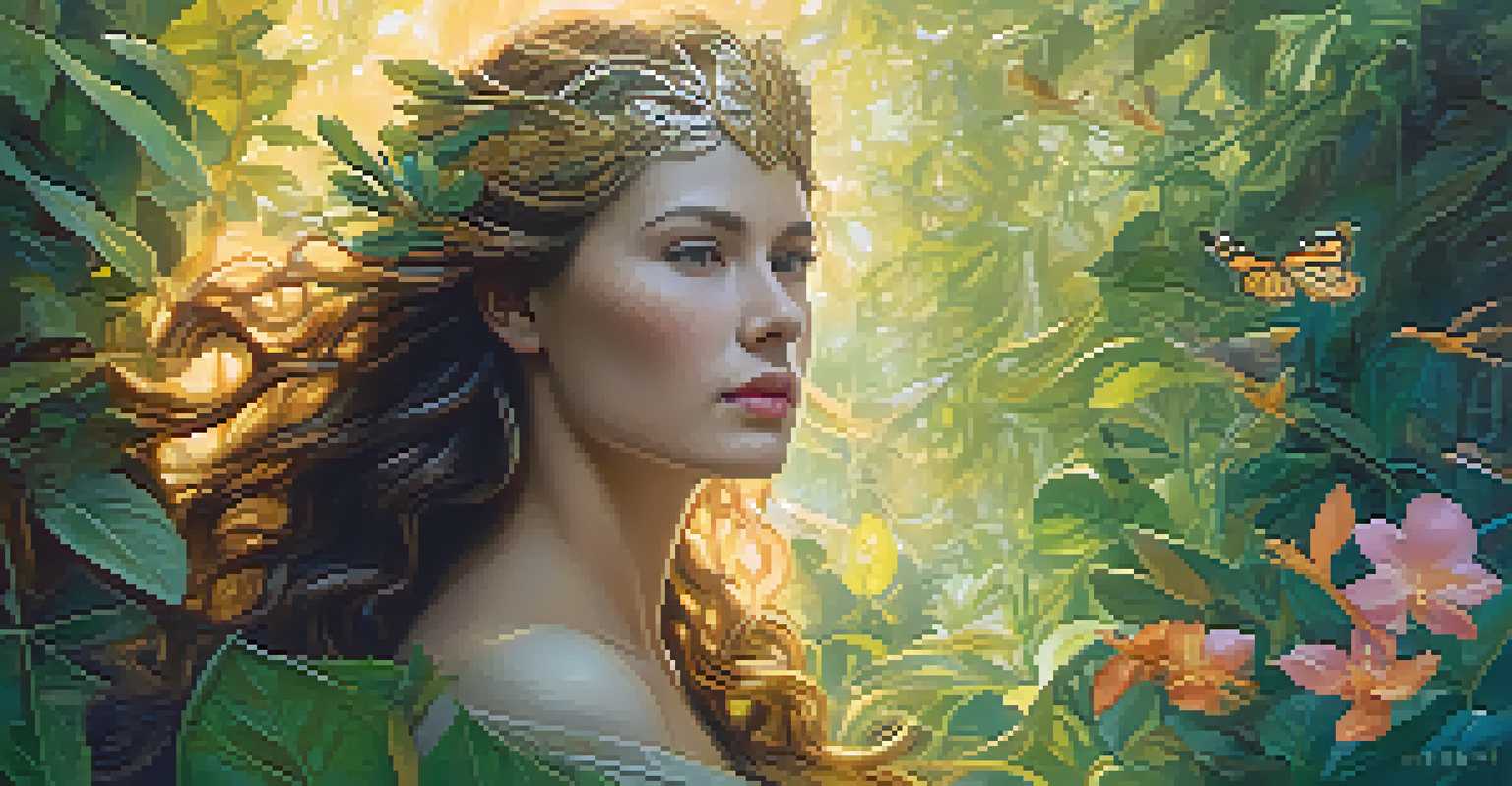 A modern depiction of Circe in a vibrant, enchanted forest, surrounded by magical plants and golden light.
