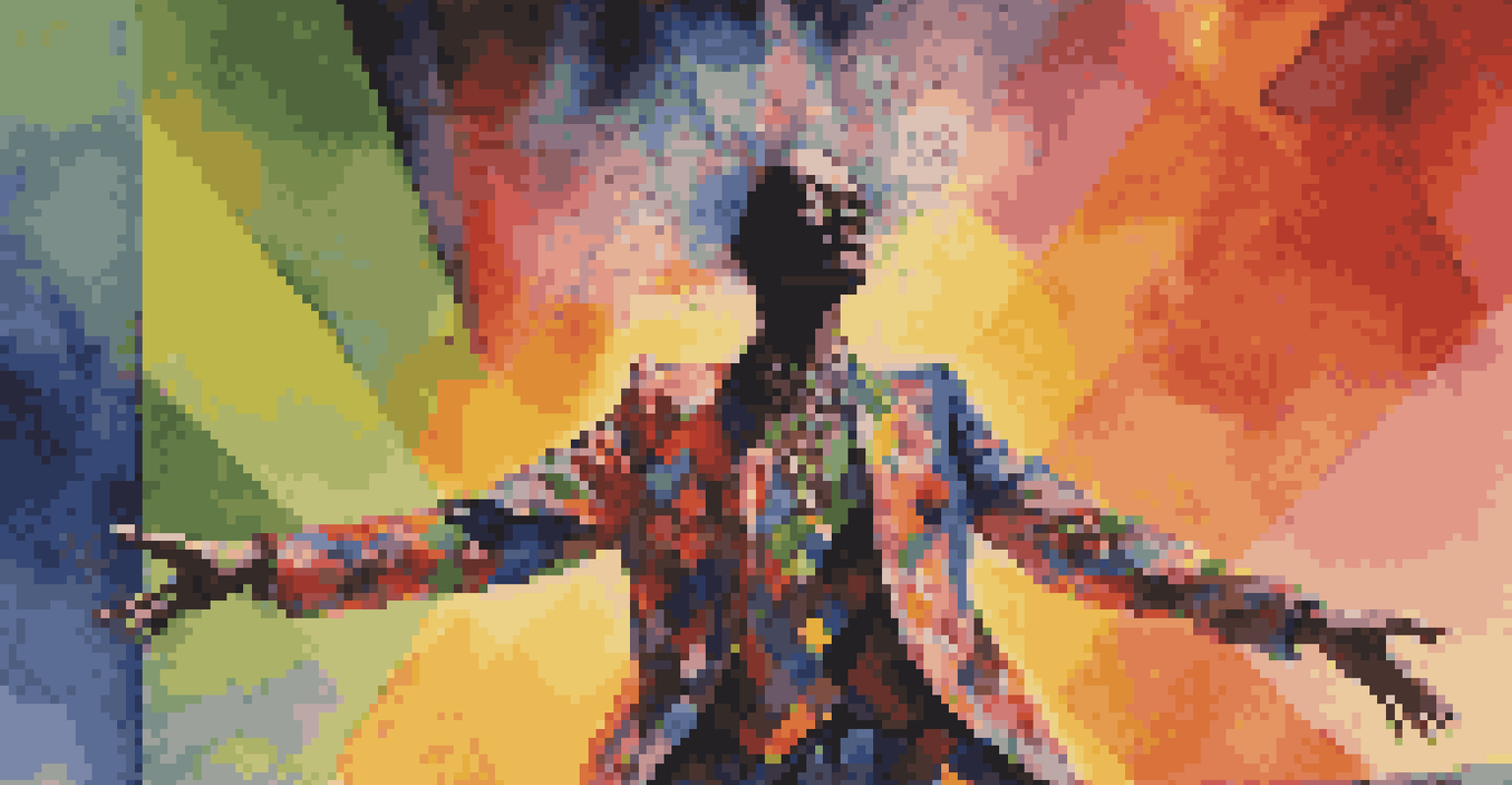 An avant-garde performer in a colorful outfit poses on stage, illuminated by bright lights with an audience in the foreground.