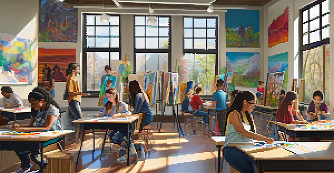 A lively art classroom with diverse students participating in creative activities, surrounded by colorful artwork and natural light.