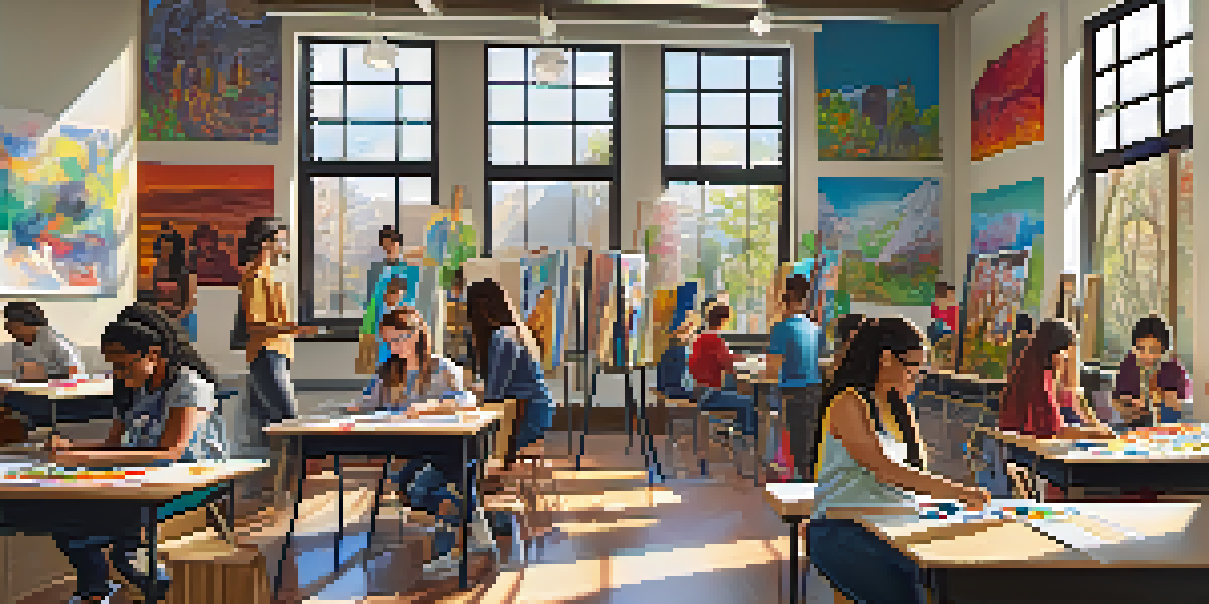 A lively art classroom with diverse students participating in creative activities, surrounded by colorful artwork and natural light.