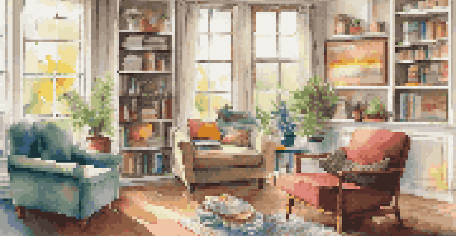 An inviting indoor art space with a table of supplies and colorful artwork on the walls, bathed in natural light.