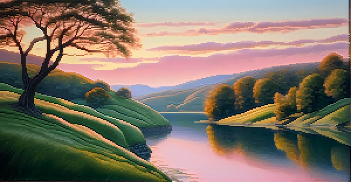 A peaceful sunrise landscape with green hills, a river, and a tree, illuminated by soft pink and orange colors in the sky.