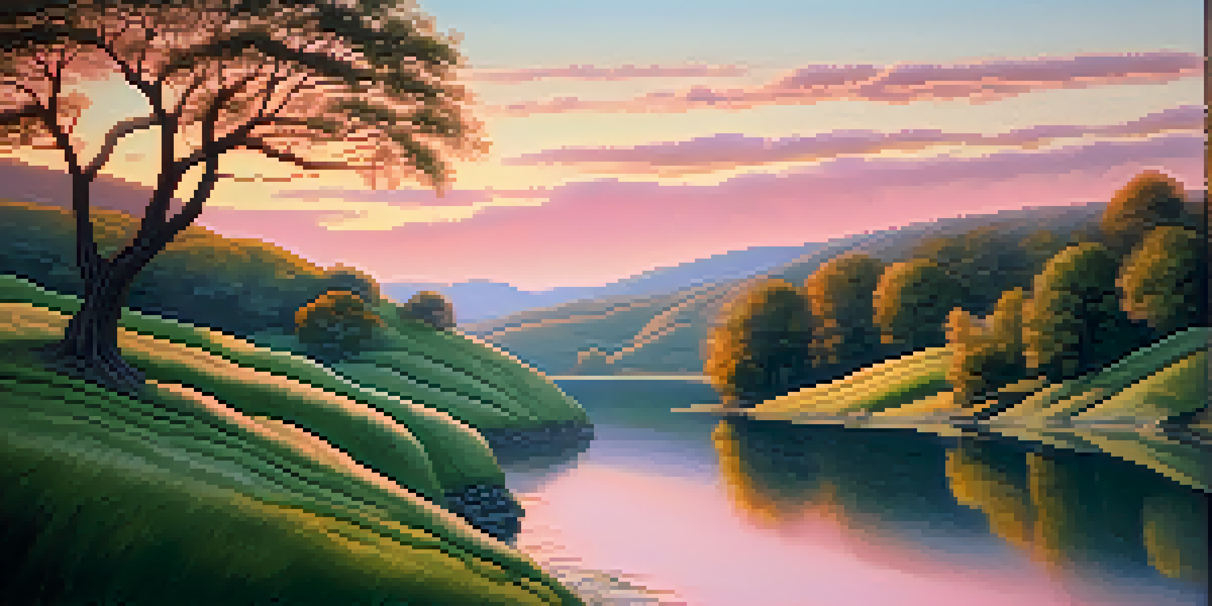 A peaceful sunrise landscape with green hills, a river, and a tree, illuminated by soft pink and orange colors in the sky.