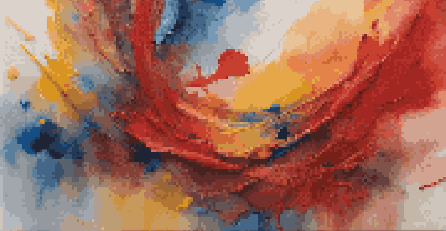 A close-up of a colorful abstract painting with vibrant brush strokes and textures, displayed on a wooden easel in a well-lit studio.