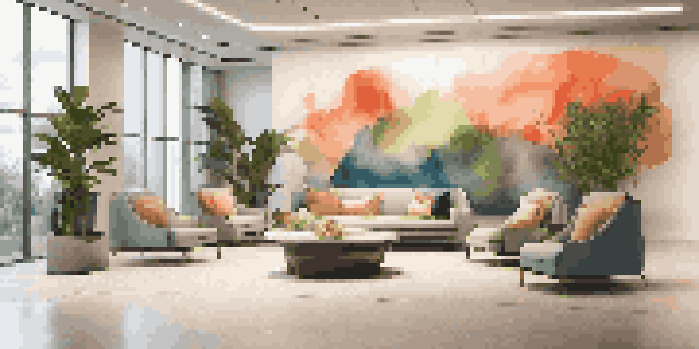 A luxurious lobby with an abstract mural, modern furniture, and warm lighting.