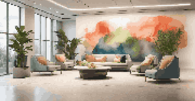 A luxurious lobby with an abstract mural, modern furniture, and warm lighting.