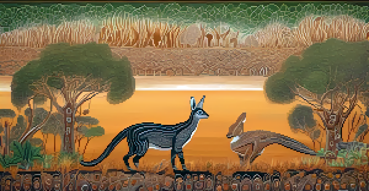 An Indigenous Australian art piece showing Dreamtime stories with patterns of animals and nature in earthy colors.