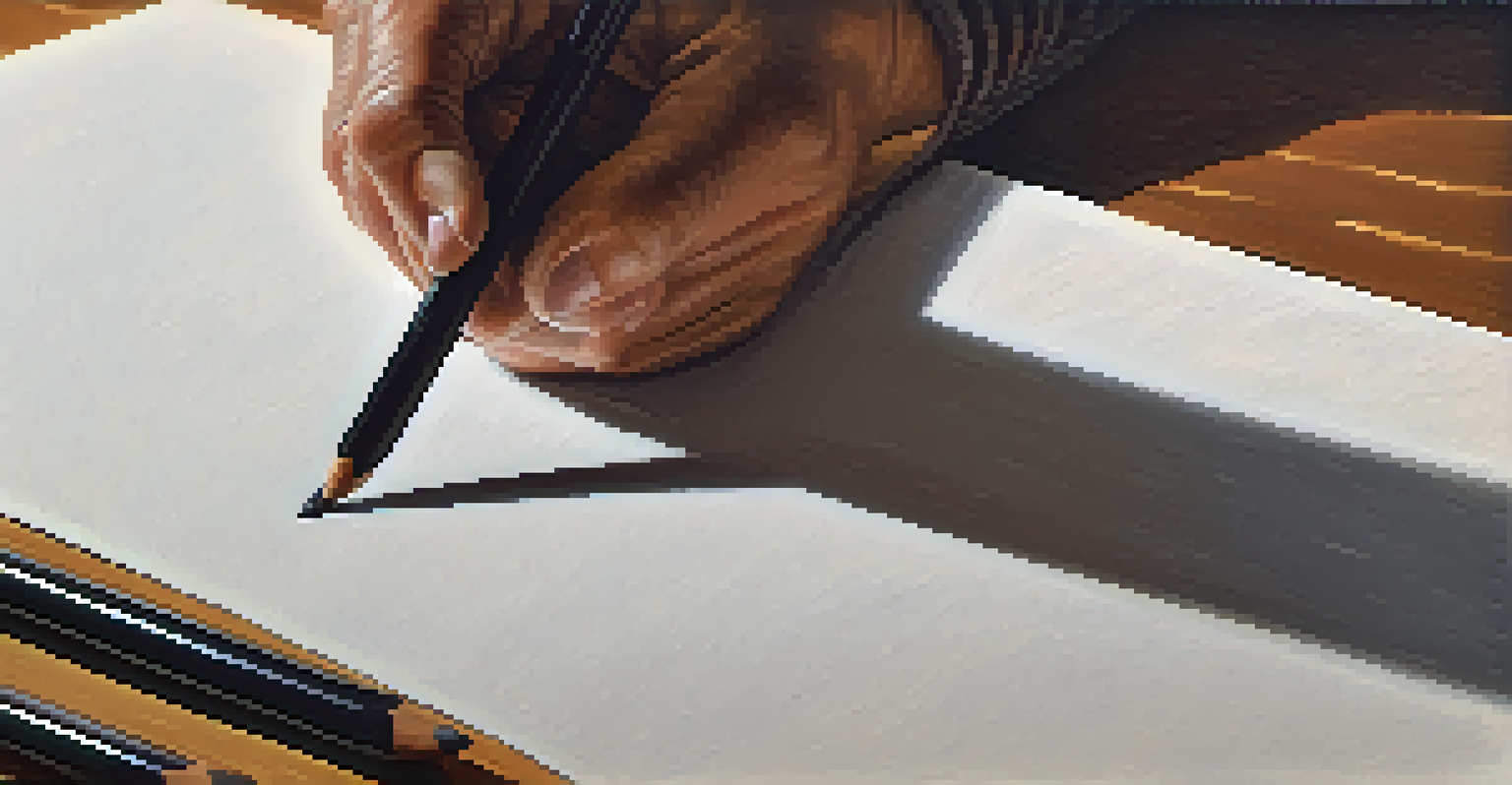 A close-up of an artist's hand drawing with charcoal on a large sheet of paper in a cozy studio filled with art supplies.