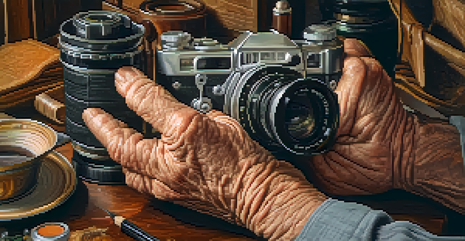 A close-up of a senior man's hands adjusting a vintage camera in a cozy home studio filled with photographs.