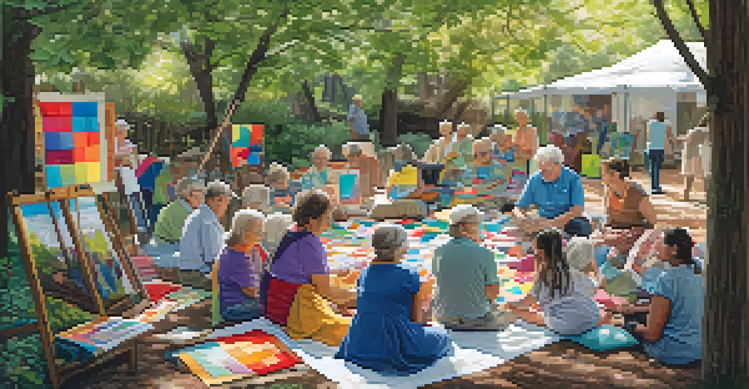 A diverse group of people working together on a fabric quilt, showcasing their creativity in a sunny outdoor setting.