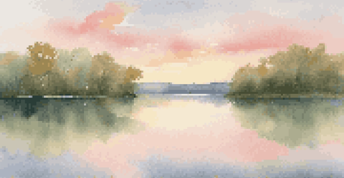 A peaceful lake landscape at sunrise, with lush trees and pastel colors in the sky.