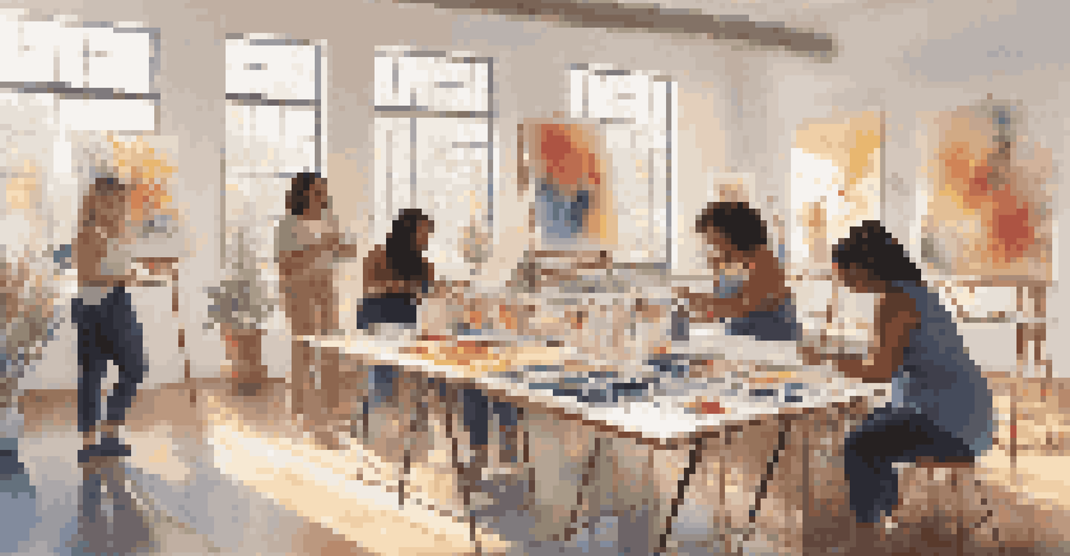 A bright art therapy session with LGBTQ+ individuals painting in a sunlit studio, surrounded by colorful art supplies.