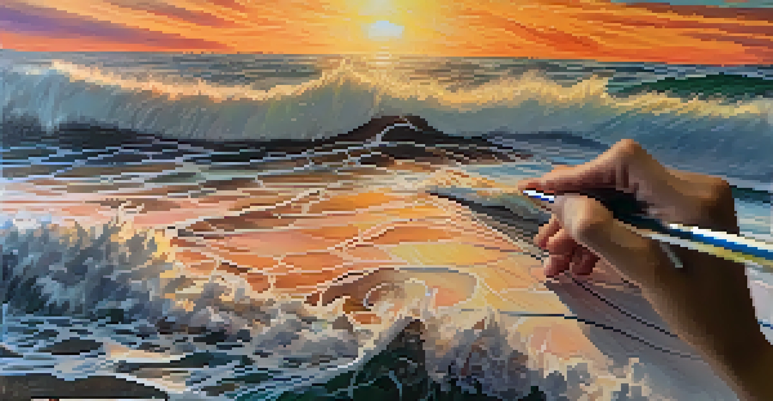A close-up of an artist painting a sunset over the ocean on a large canvas, with a colorful palette.