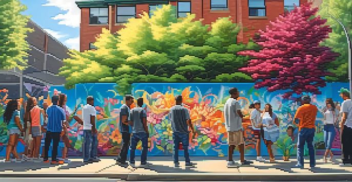 A lively street mural featuring diverse artists working together on a large canvas, surrounded by colorful graffiti and flowers.