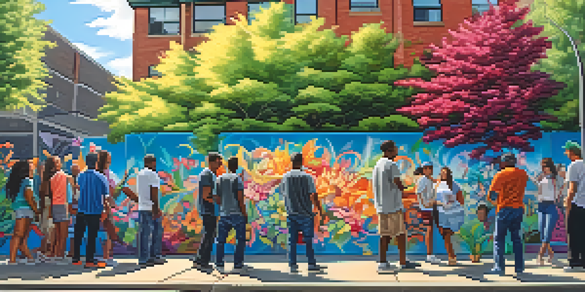 A lively street mural featuring diverse artists working together on a large canvas, surrounded by colorful graffiti and flowers.