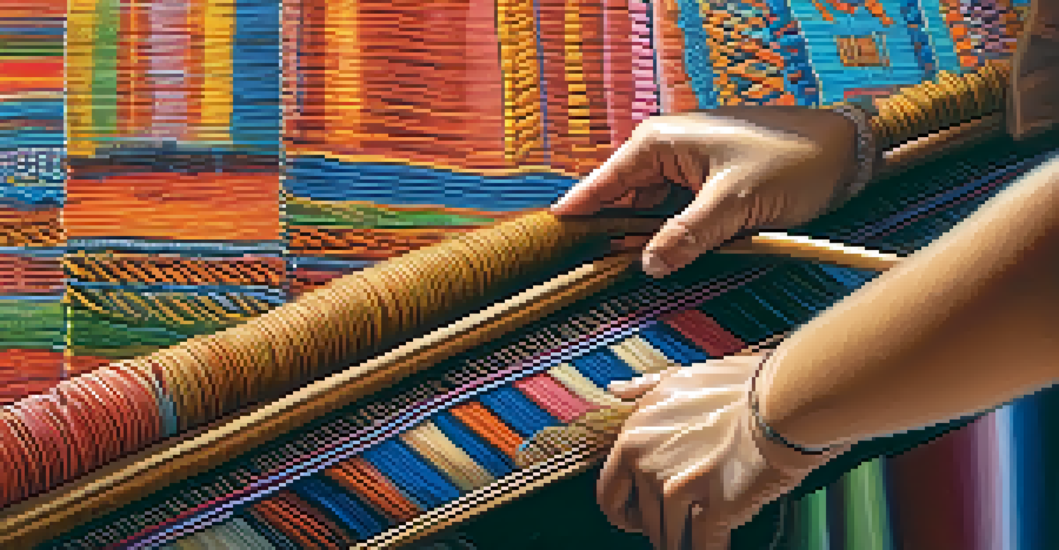 A close-up of an artisan weaving a traditional textile with intricate patterns.