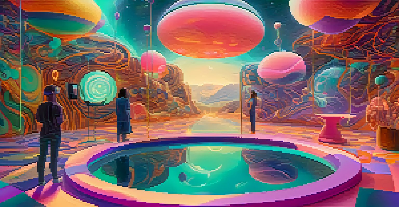 Visitors in VR headsets interacting with colorful floating visuals in an immersive, dreamlike art environment.