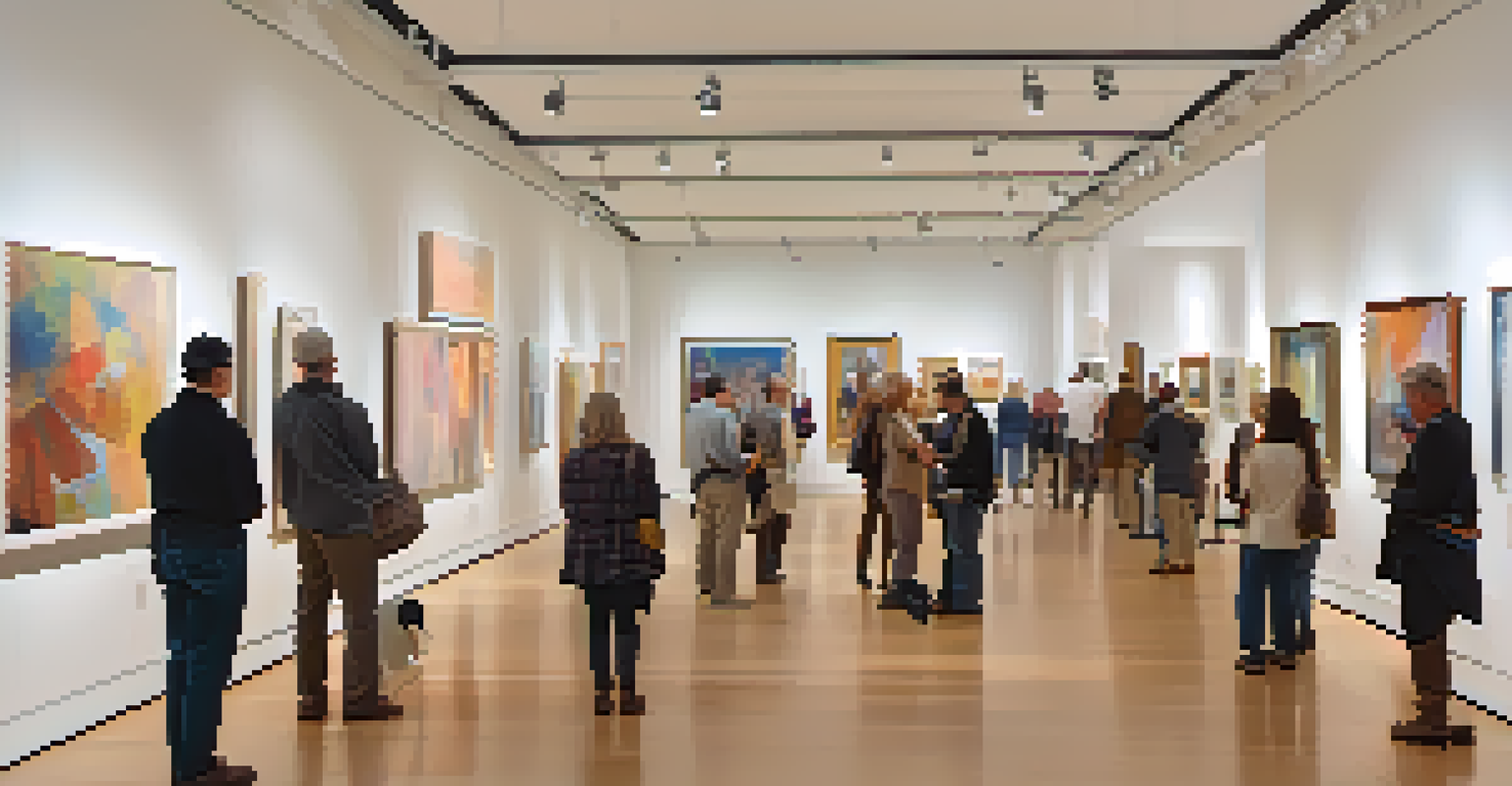 An art gallery filled with people admiring diverse artworks displayed on white walls, with soft lighting enhancing the colors.