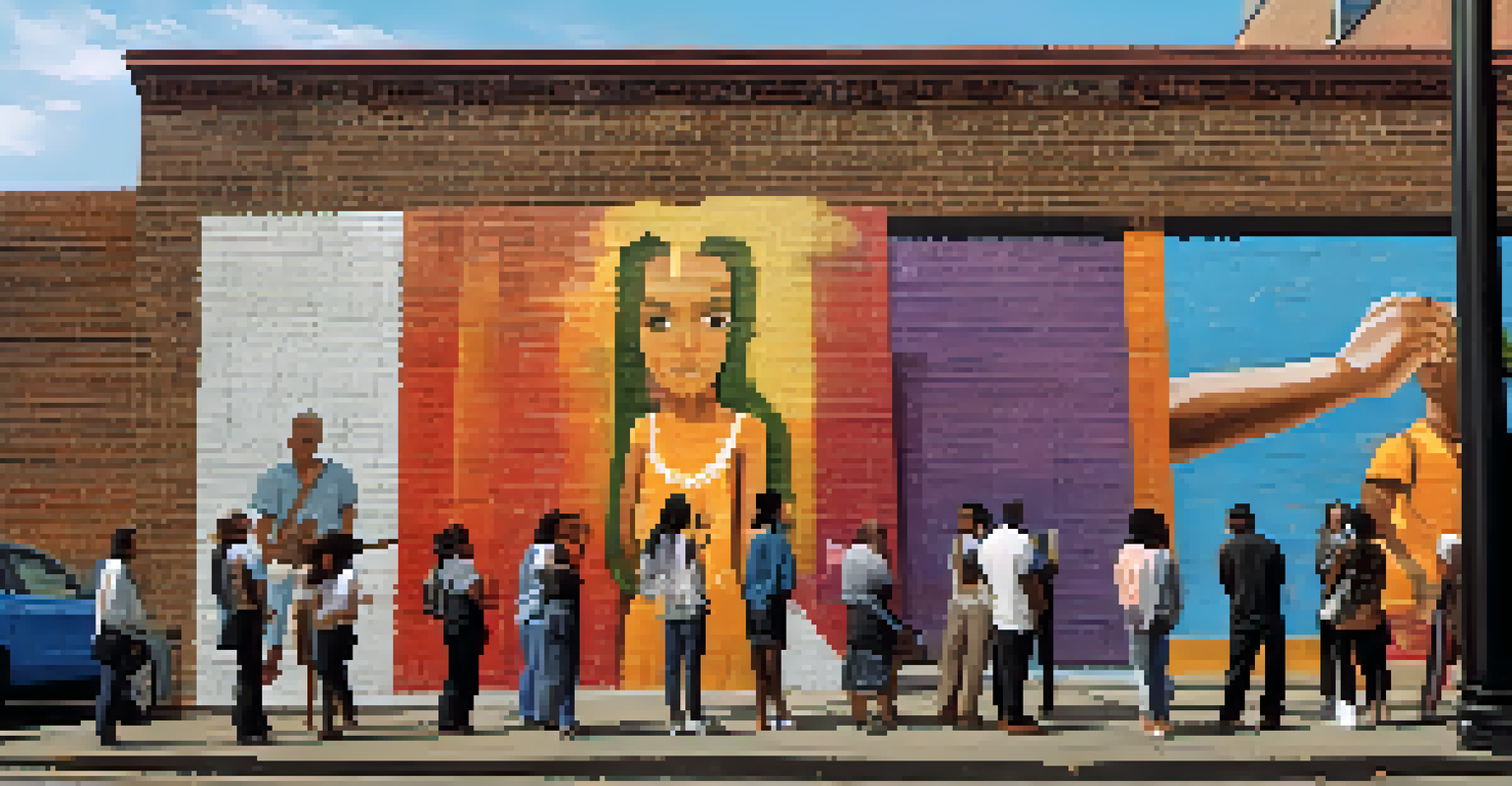 A colorful urban mural illustrating a message of solidarity and empathy, with people admiring it in an outdoor setting.