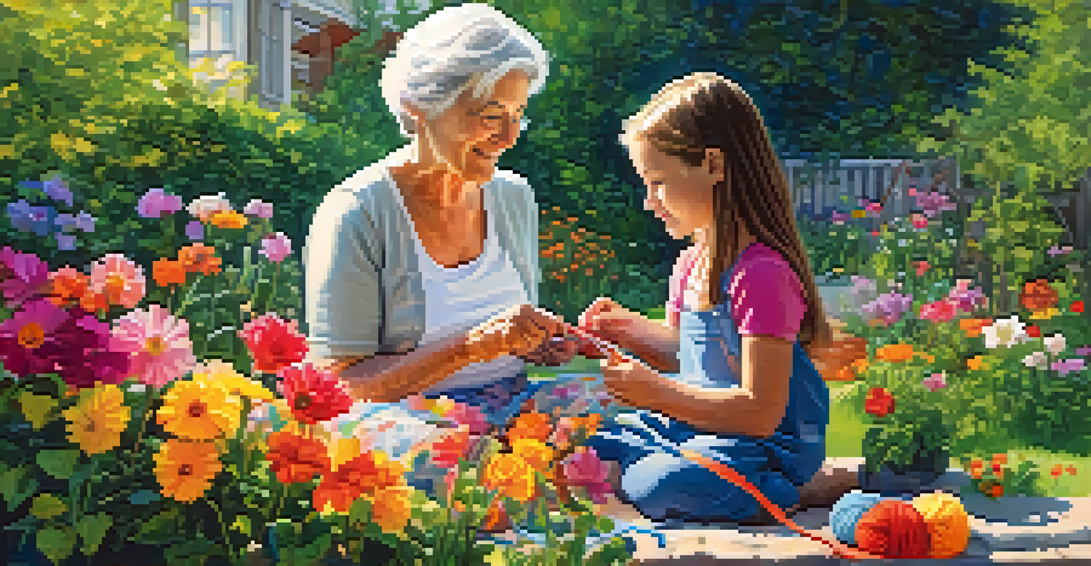 A grandmother and granddaughter knitting together in a sunny garden, surrounded by colorful flowers and vibrant greenery.