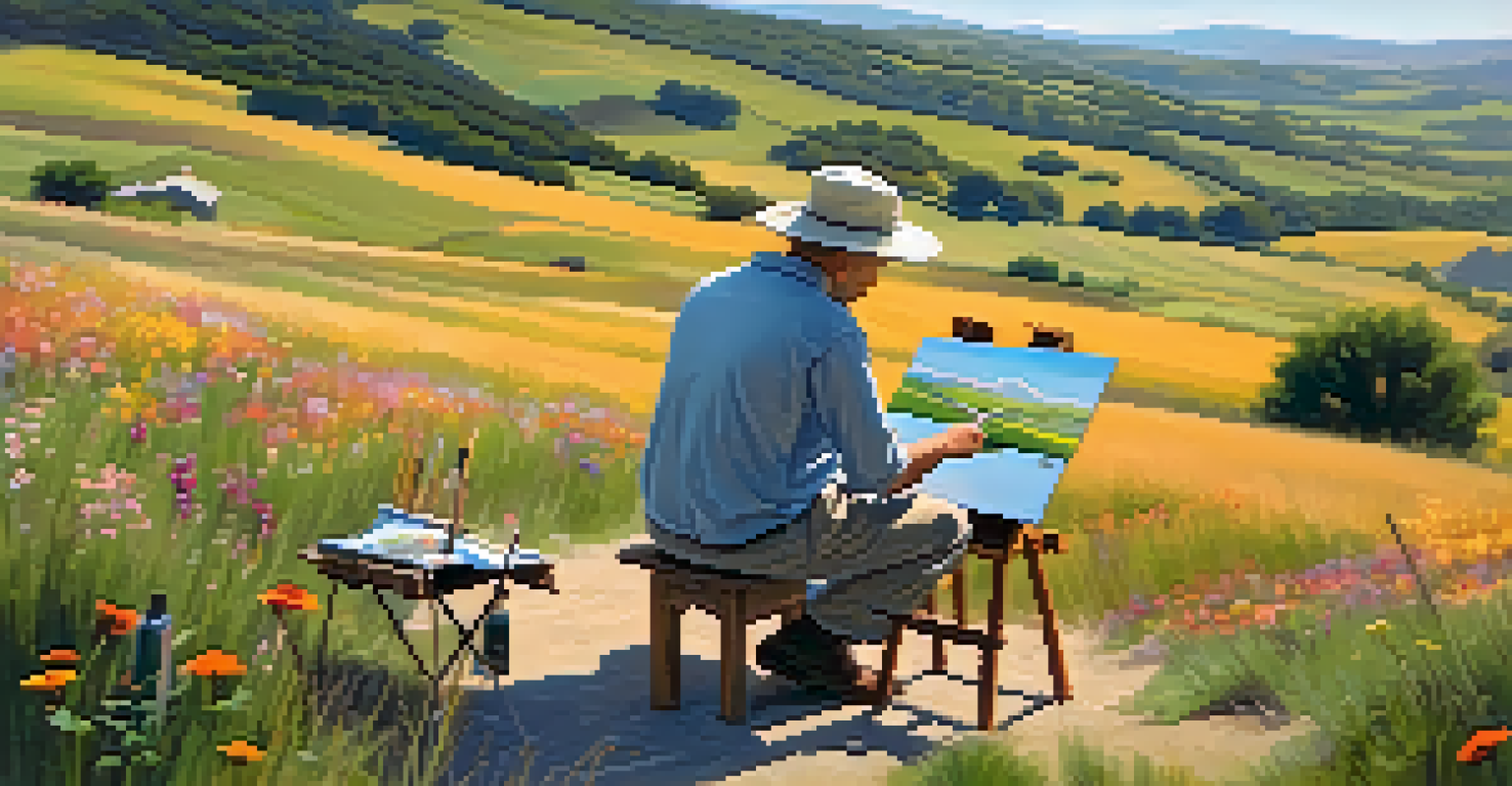 An artist painting outdoors, surrounded by a beautiful landscape of hills and flowers in warm sunlight.