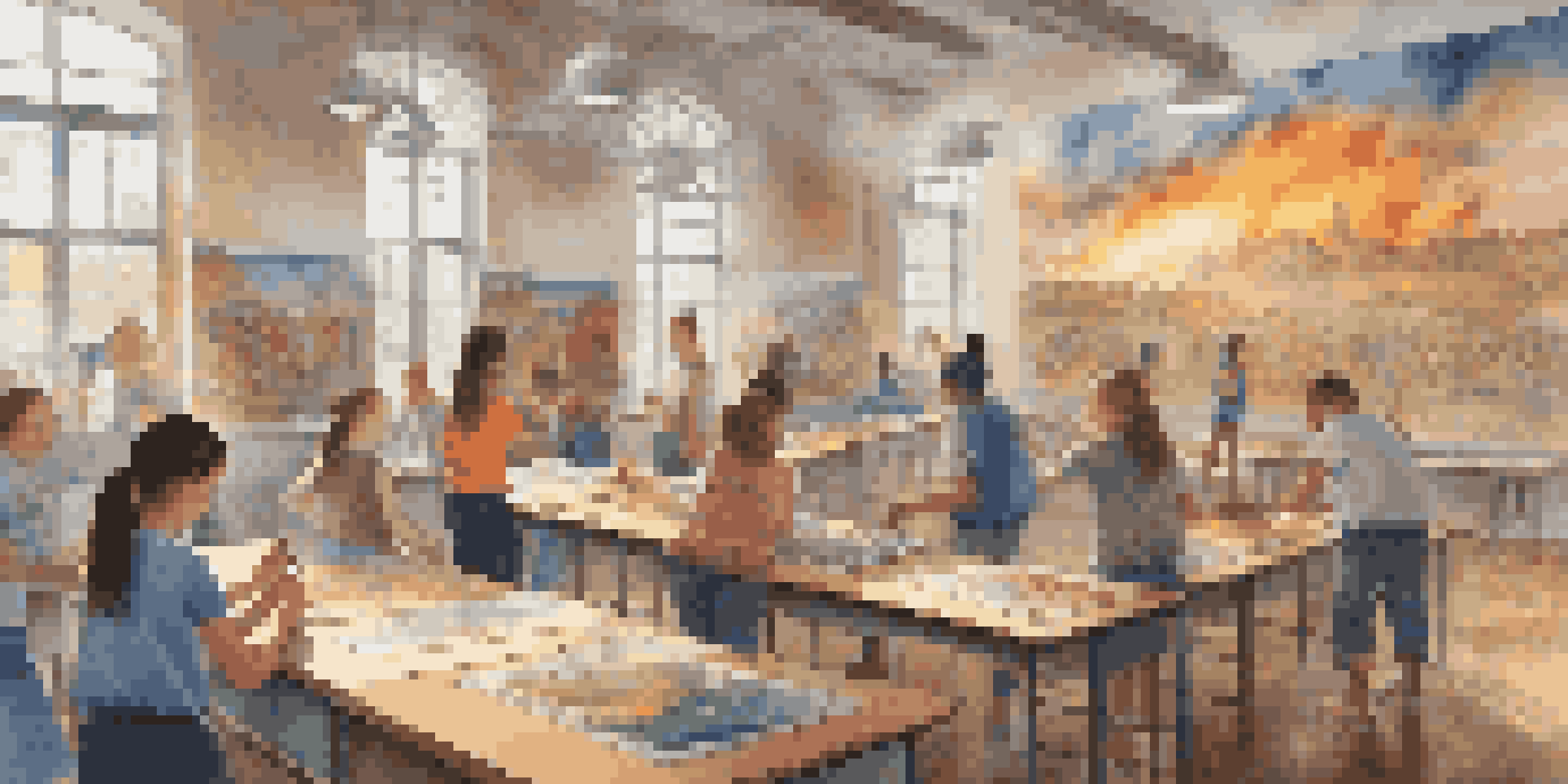 Students working together in a bright classroom, painting a mural that illustrates historical events, surrounded by art supplies and natural light.