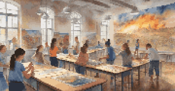 Students working together in a bright classroom, painting a mural that illustrates historical events, surrounded by art supplies and natural light.