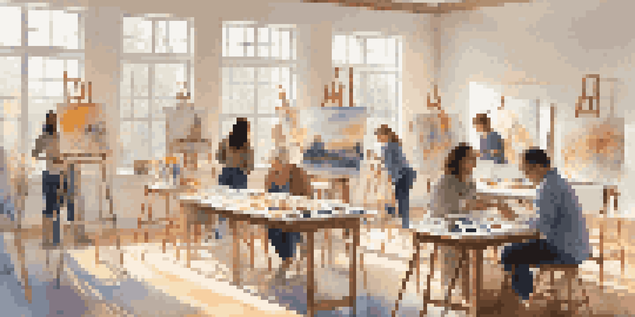 A bright art therapy studio with people painting on easels, surrounded by art supplies and sunlight.