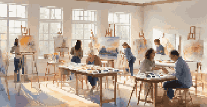 A bright art therapy studio with people painting on easels, surrounded by art supplies and sunlight.