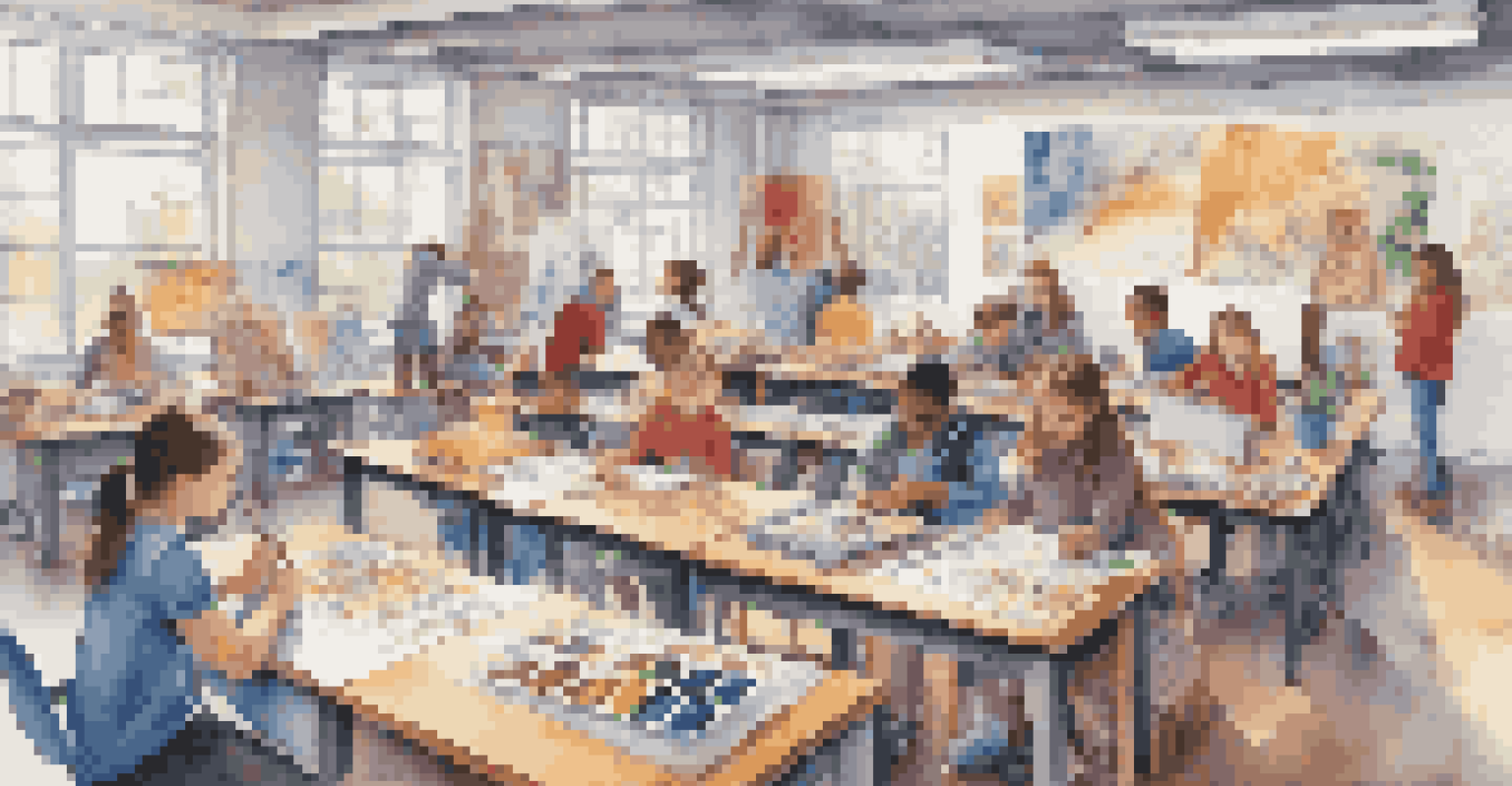 A classroom with students collaborating on an arts project, surrounded by vibrant art supplies and colorful decorations.