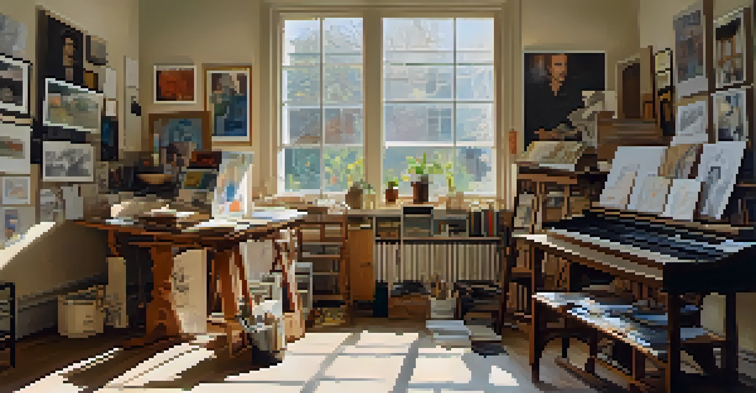 An artist's studio filled with canvases and personal artifacts, showcasing a portrait of the artist and natural light streaming through the window.