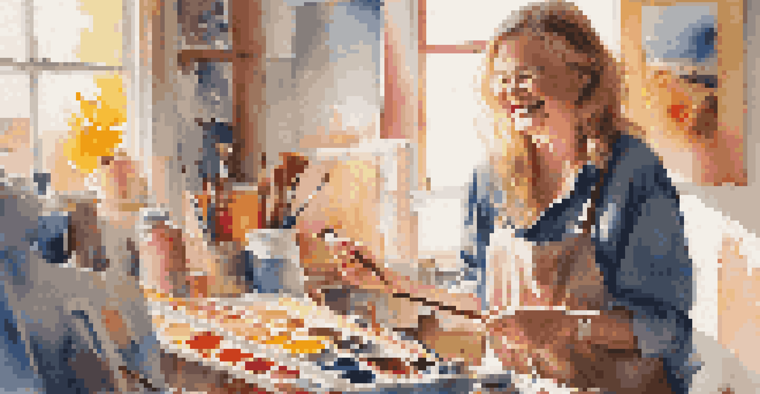 A quirky artist laughing in their colorful studio, surrounded by art supplies and paintings.