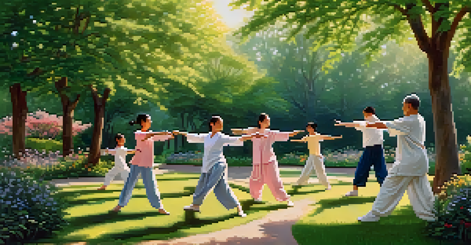 A group of individuals practicing Tai Chi in a serene garden, with blooming flowers and sunlight filtering through the trees, promoting mindfulness and tranquility.