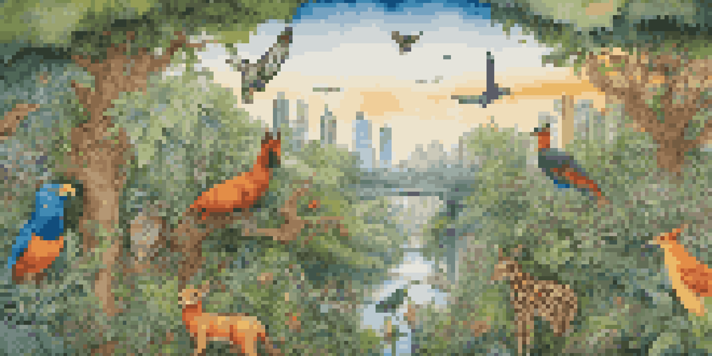 A colorful mural representing a forest filled with various animals, set against a city skyline, symbolizing the relationship between nature and urban life.