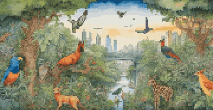 A colorful mural representing a forest filled with various animals, set against a city skyline, symbolizing the relationship between nature and urban life.
