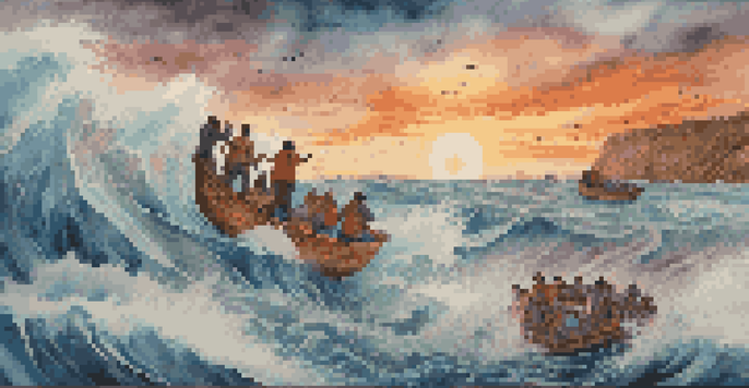 A colorful mural showing refugees crossing a turbulent sea, highlighting their emotions and resilience against a sunset backdrop.