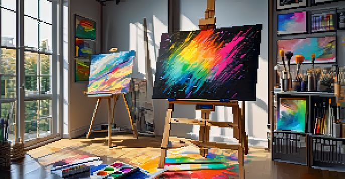 A bright and colorful digital art workspace with an easel, paints, and a glowing computer screen.