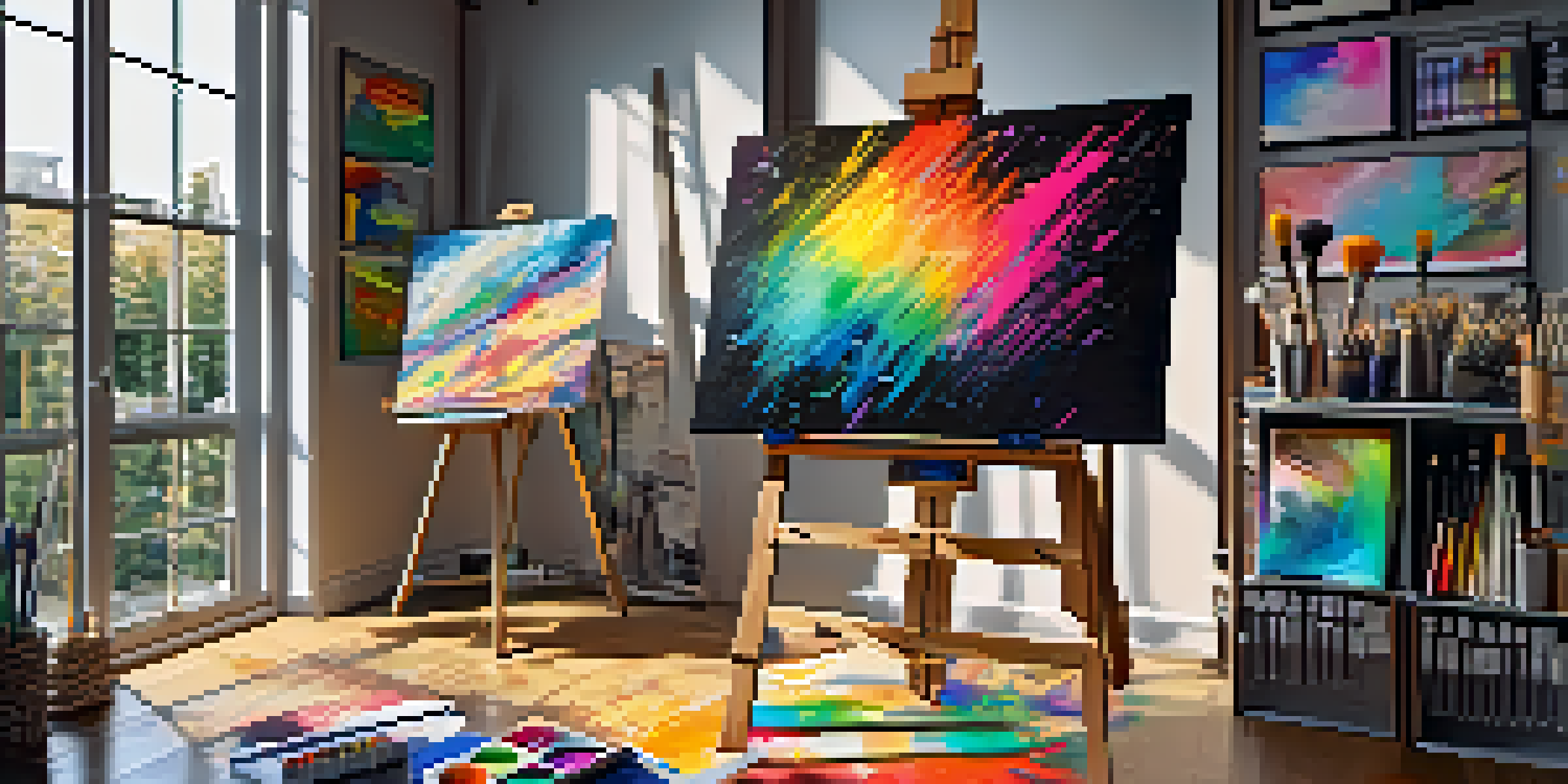 A bright and colorful digital art workspace with an easel, paints, and a glowing computer screen.