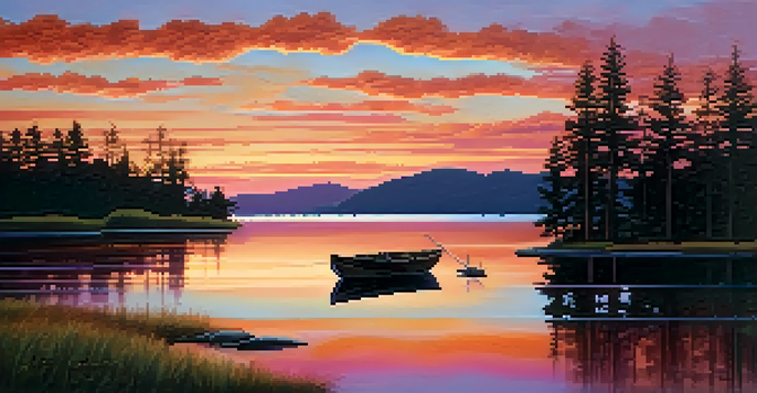 A tranquil lake at sunset, with colorful reflections and silhouettes of pine trees.