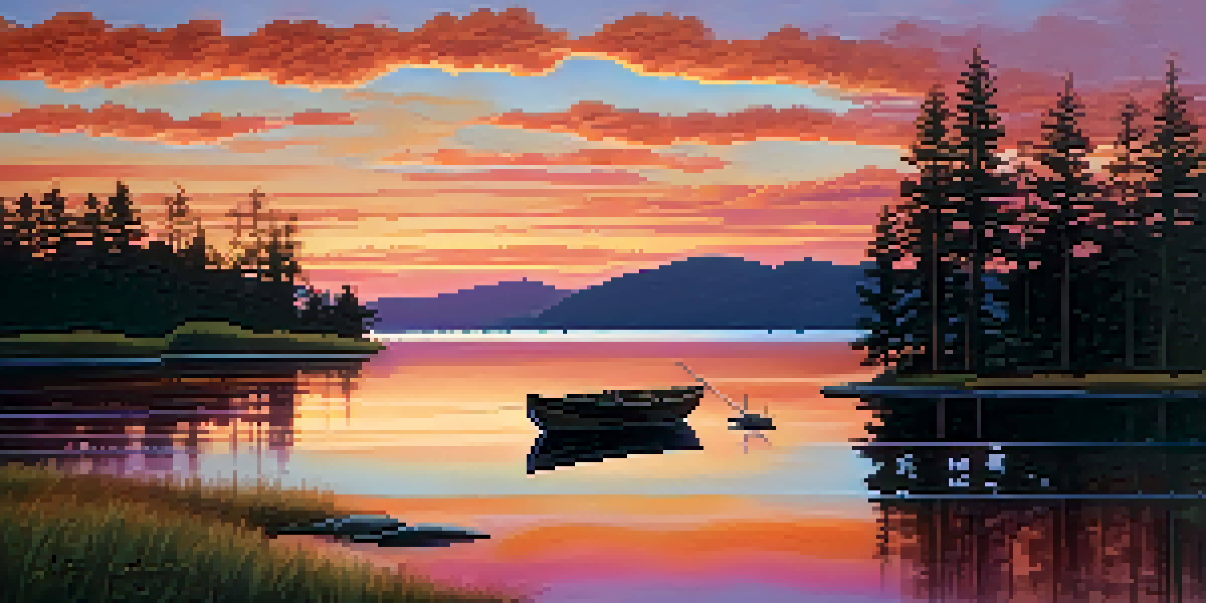 A tranquil lake at sunset, with colorful reflections and silhouettes of pine trees.