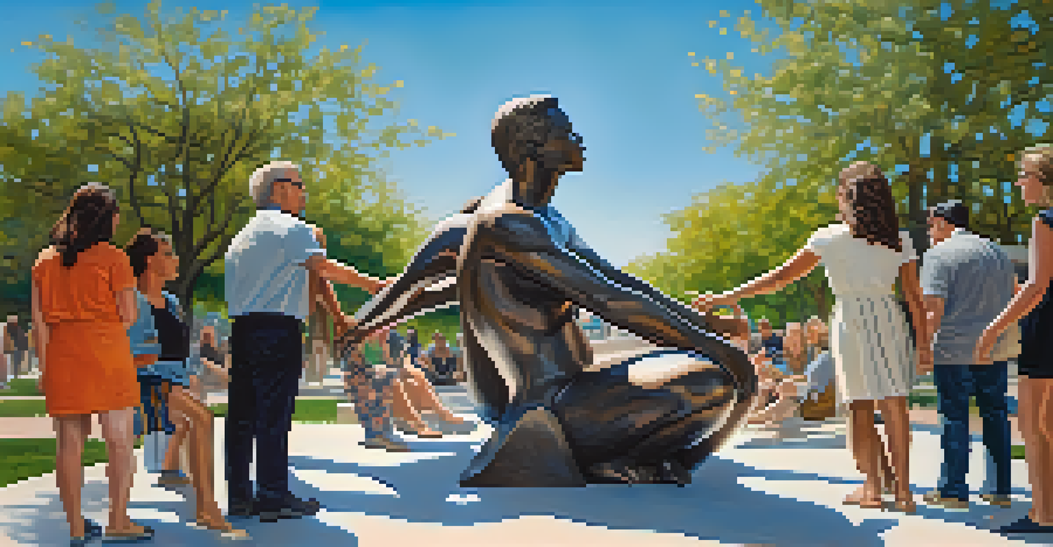 A public sculpture of intertwined hands of various skin tones against a blue sky, surrounded by flowers and people.