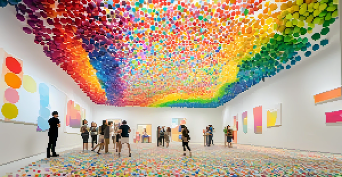 A spacious white room transformed by colorful dots as visitors interact and add their stickers, under soft ambient lighting.
