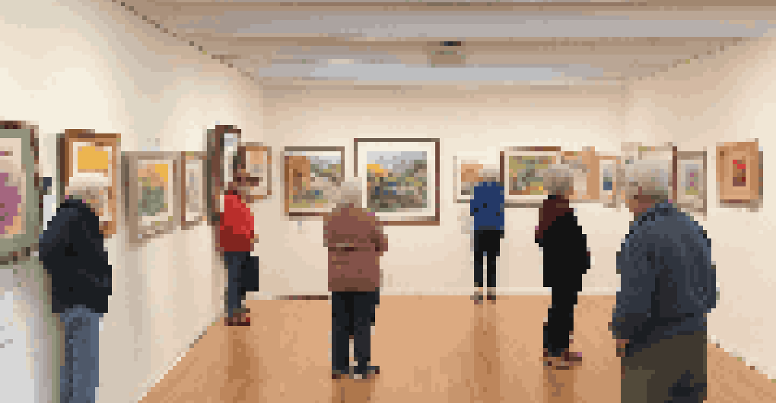 A cozy art exhibition showcasing framed paintings by seniors, with visitors admiring the artwork on display.