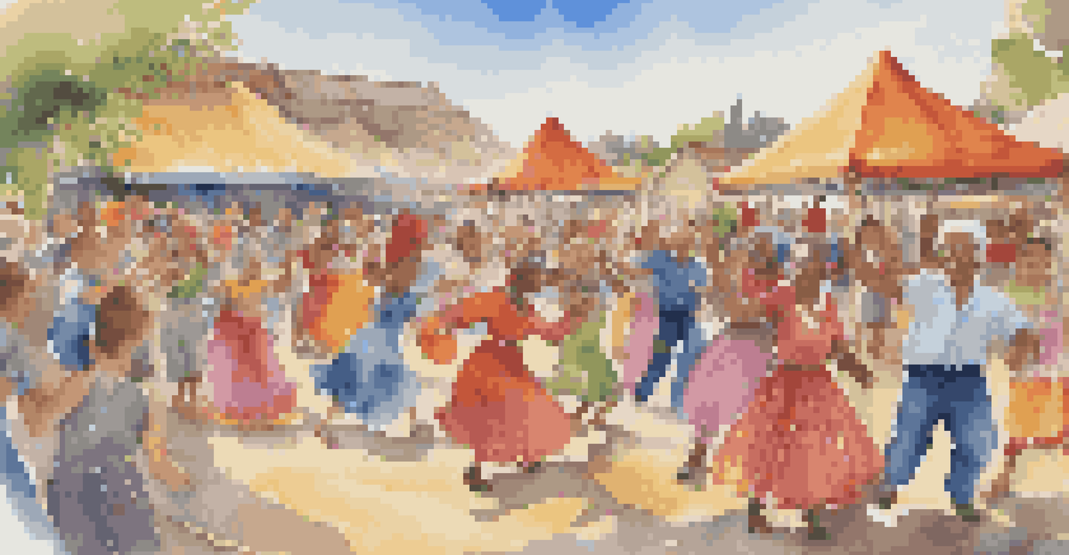 A diverse group of people dancing joyfully in a circle at a harvest festival, with colorful outfits and craft stalls in the background.