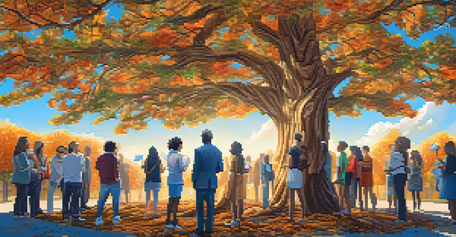 A large tree with NFT artworks for leaves, surrounded by diverse people supporting a common cause under a bright blue sky.