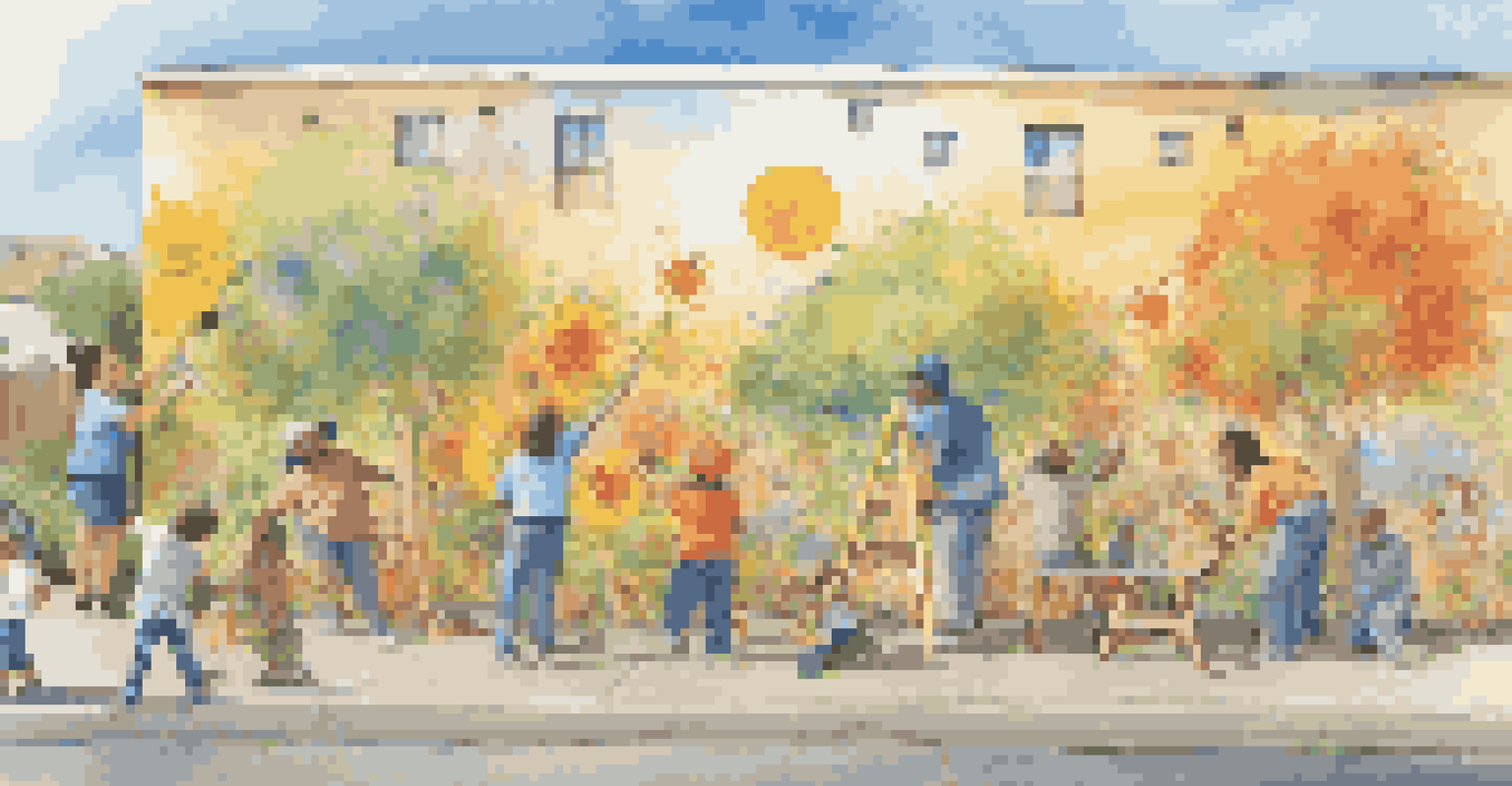A diverse group of people painting a vibrant mural together outdoors, sharing brushes and enjoying the sunny day.