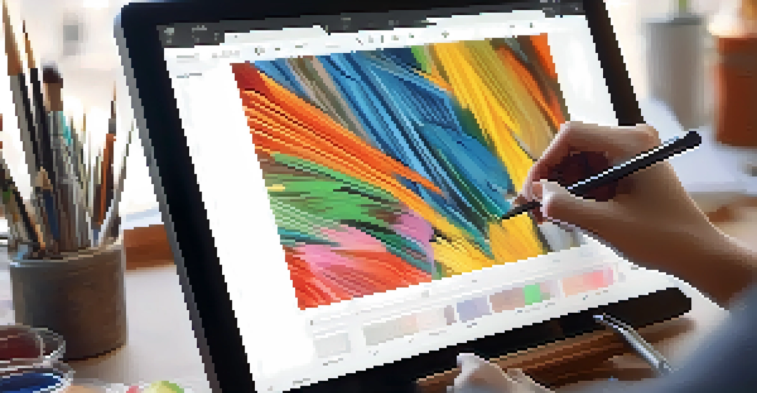 A close-up of an artist's hands working on a tablet, creating colorful designs with natural light illuminating the workspace.